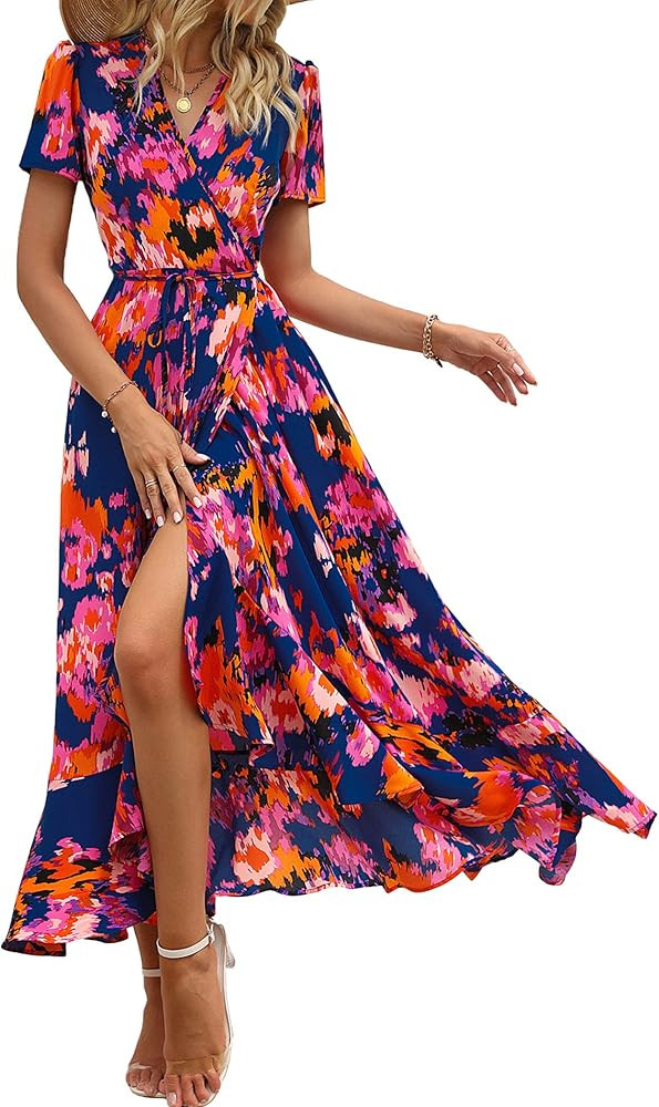 PRETTYGARDEN Women's Summer Wrap Maxi Dress Casual Boho Floral V Neck Short Sleeve Ruffle Hem Spl... | Amazon (US)