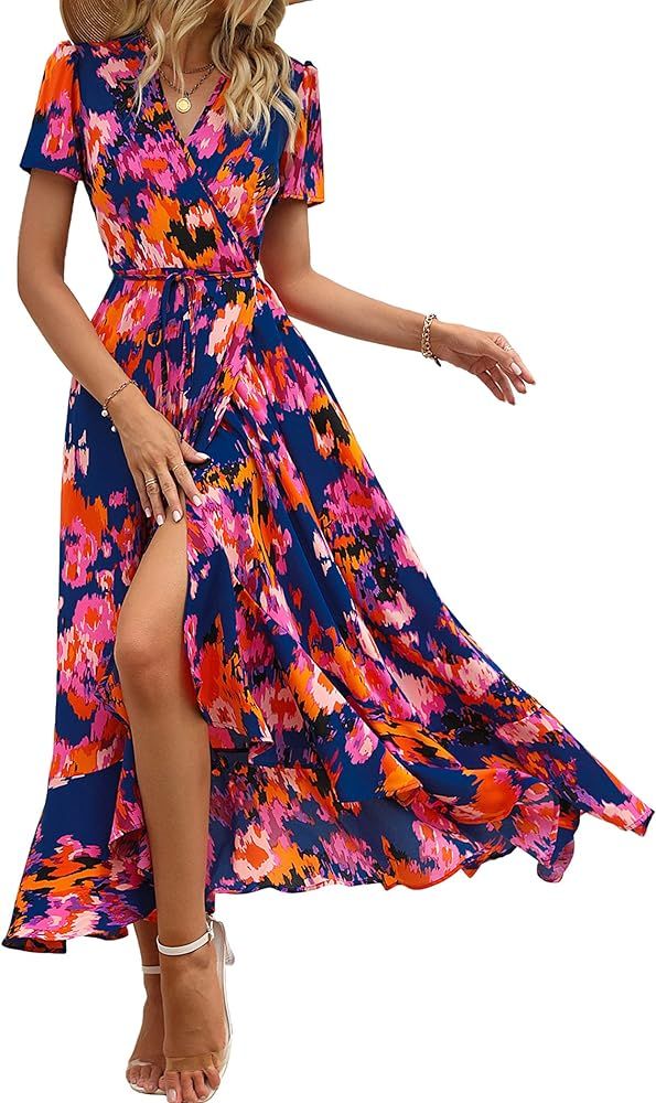 PRETTYGARDEN Womens Summer Wrap Maxi Dress Casual Boho Floral V Neck Short Sleeve Ruffle Hem Spli... | Amazon (US)