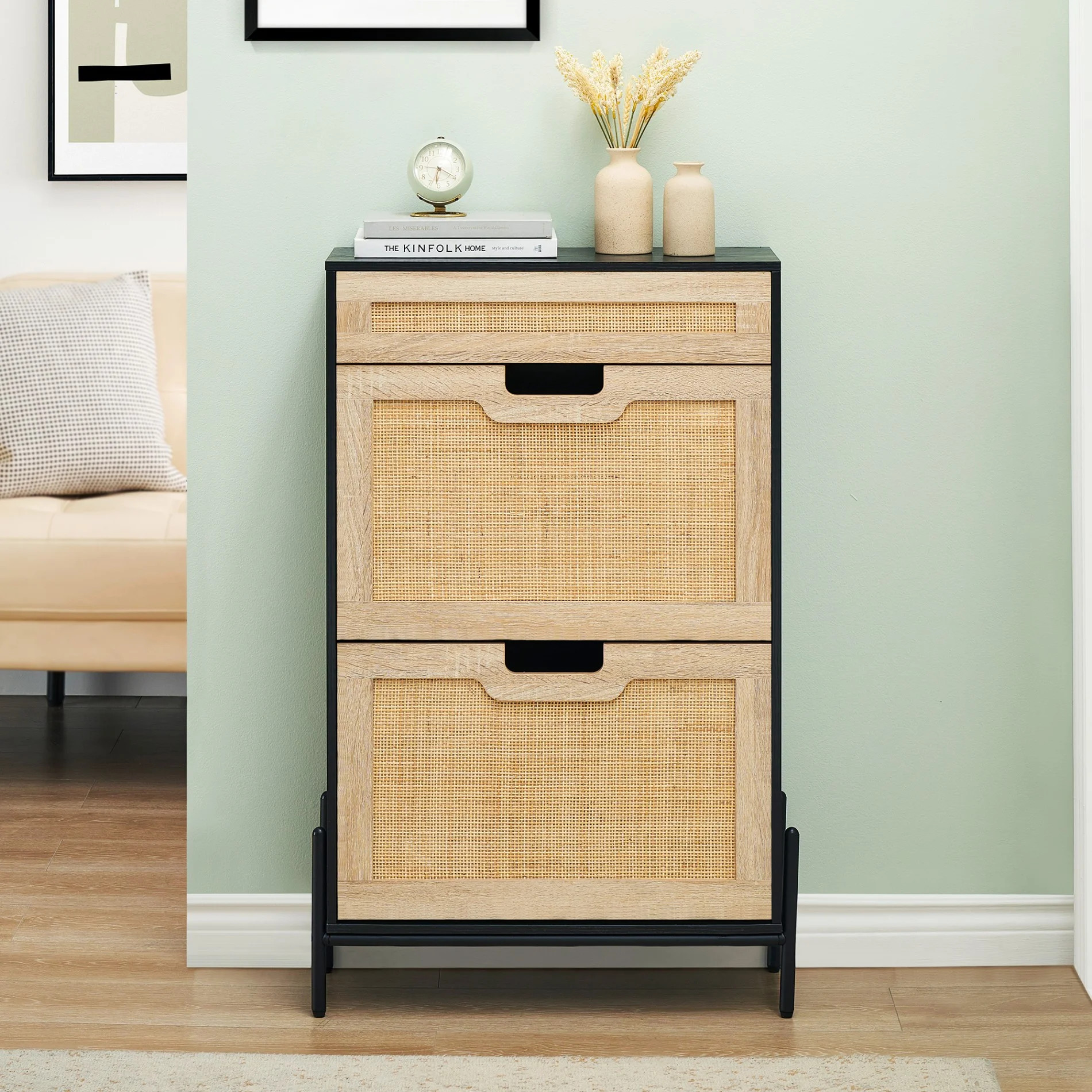 IDEALHOUSE Natural Rattan 2 Flip Door with 1 Drawer Shoe Cabinet Organizer Freestanding, Shoe Rac... | Walmart (US)