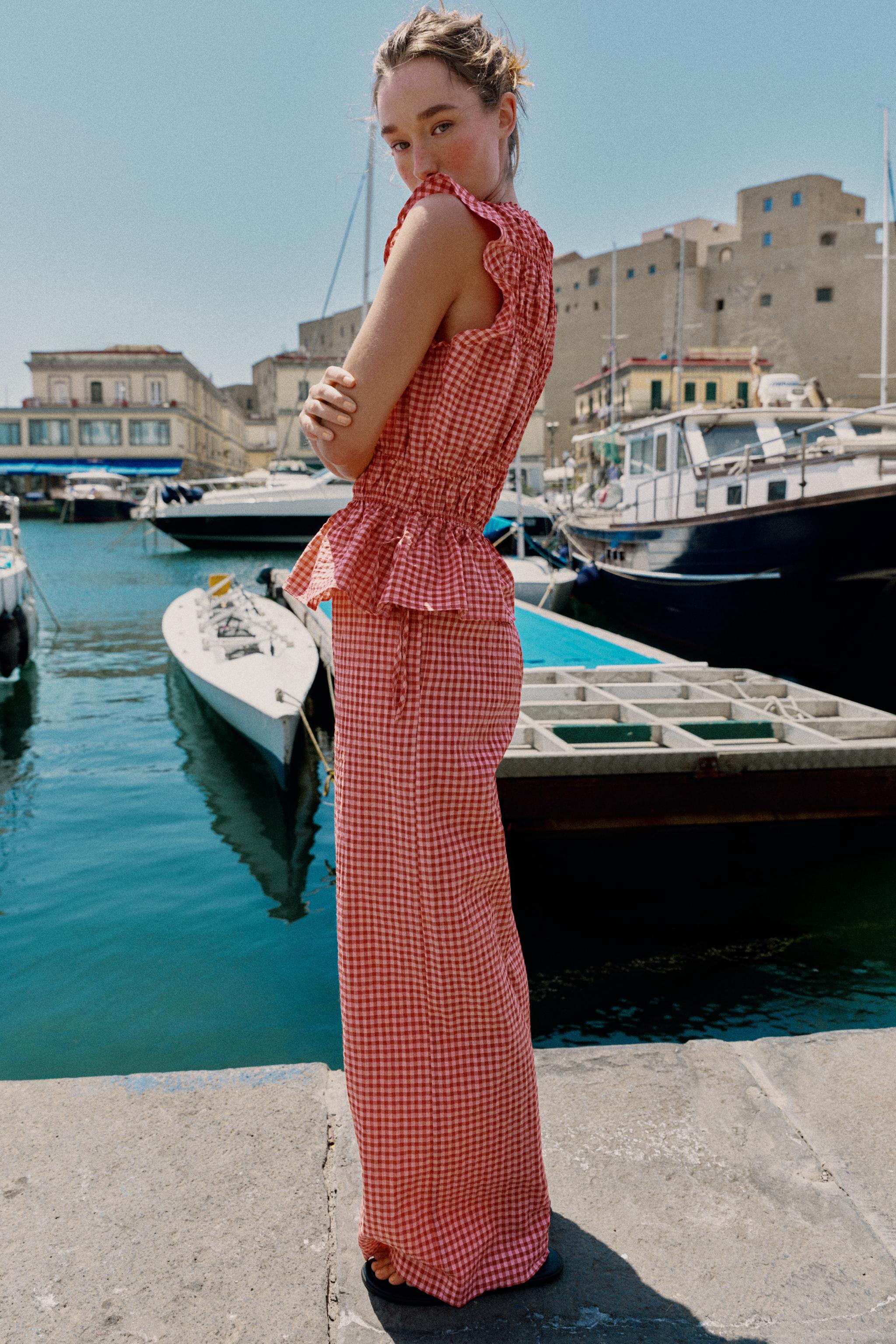 GINGHAM WIDE LEG PANTS | Zara US