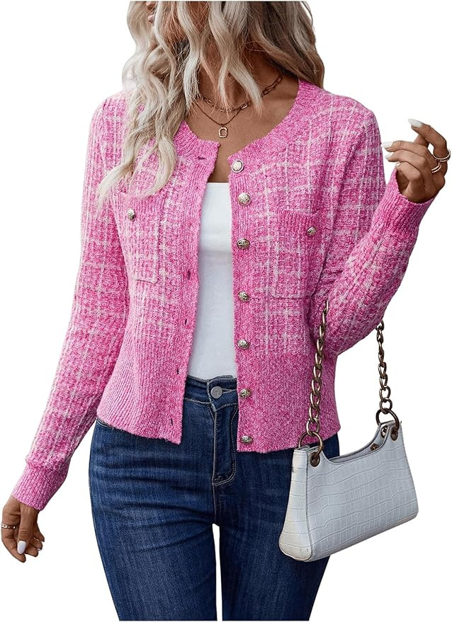GORGLITTER Women's Plaid Pattern Button Down Cardigan Pocket Patched Long Sleeve Knit Top | Amazon (US)