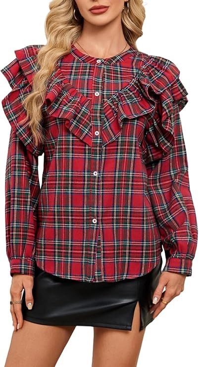 Women Plaid Ruffle Blouse Long Sleeve Button Down Shirt Christmas Tartan Top Casual Holiday Check... | Amazon (US)
