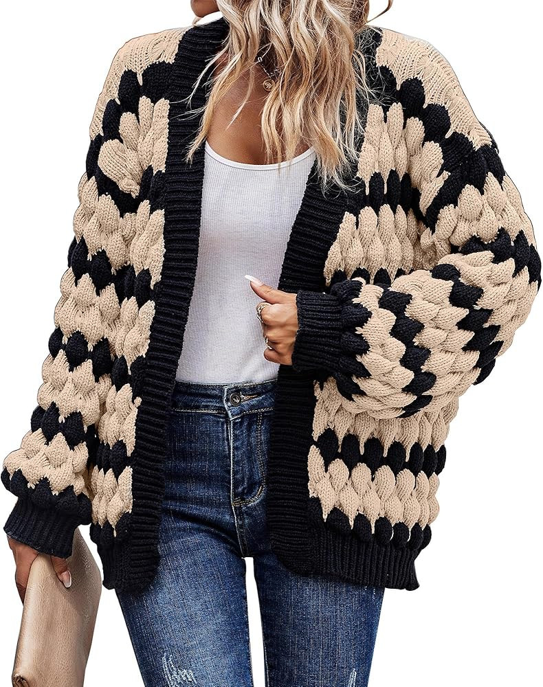 KIRUNDO Womens Cardigan Fall Fashion Lantern Sleeve Open Front Striped Color Block Loose Cable Kn... | Amazon (US)