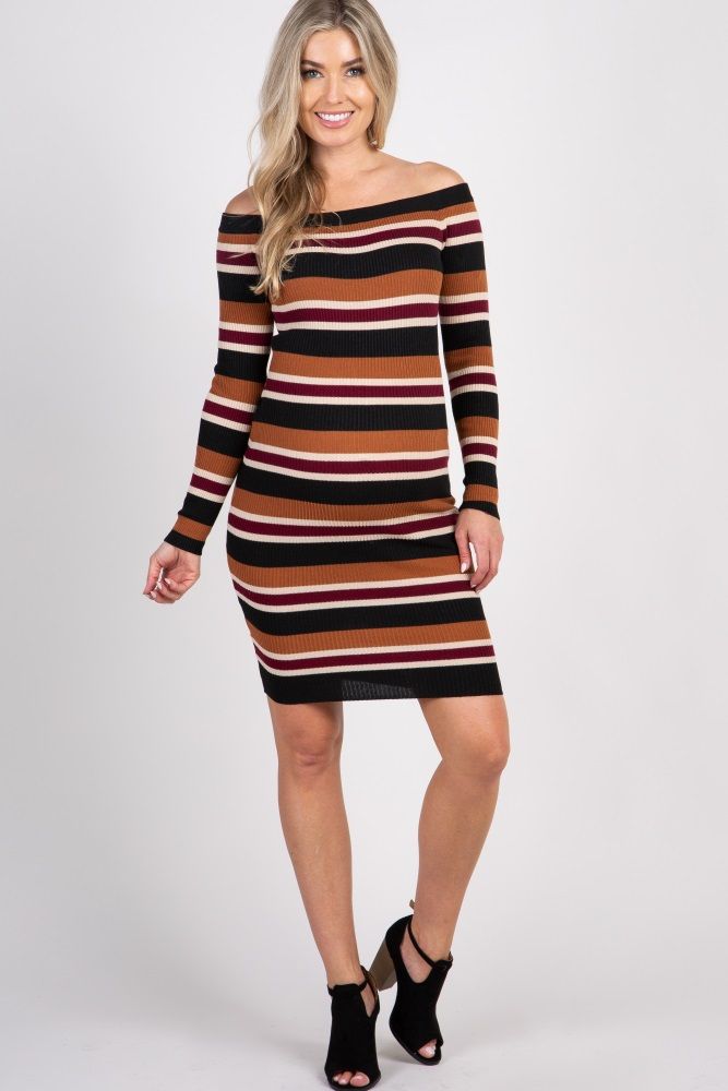 Multi-Color Striped Off Shoulder Fitted Knit Maternity Dress | PinkBlush Maternity