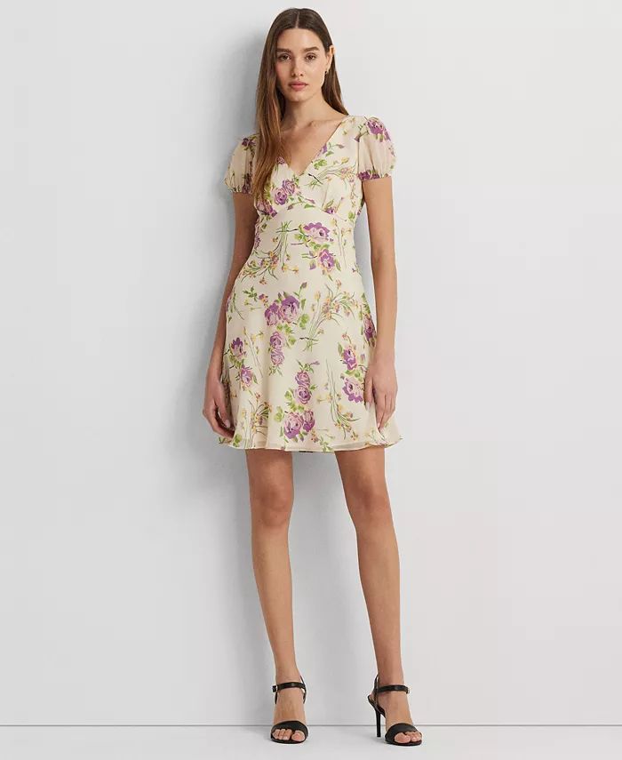 Women's Floral Georgette Puff-Sleeve Dress | Macy's