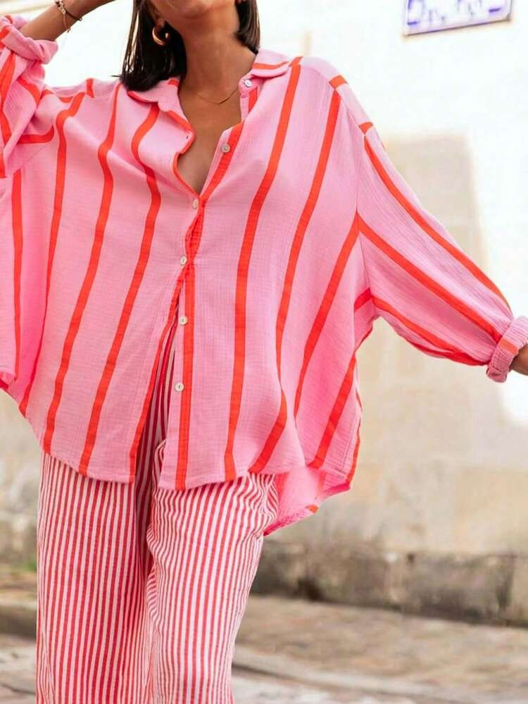 Women's Pink Stripe Loose Blouse, Elegant Casual Top Suitable For Commuting, Daily Wear, Valentine's Day, Outdoor, Spring/Summer | SHEIN