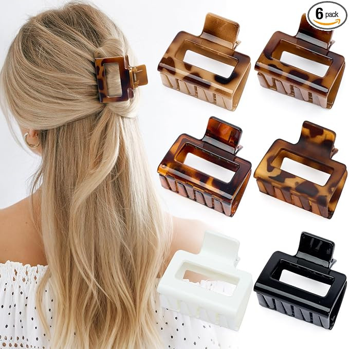 Auseibeely 6 Pcs Rectangle Small Hair Clips, 2 Inch Claw Clip for Women & Girls, Medium Tortoise ... | Amazon (US)