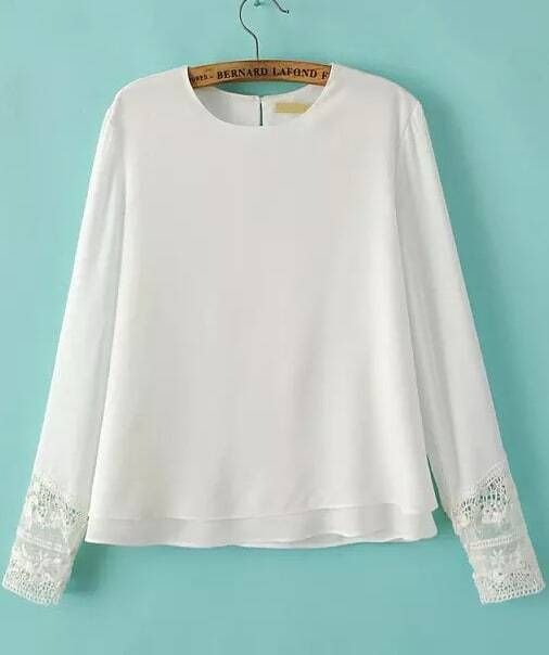 Lace Loose Chiffon White Blouse | Romwe