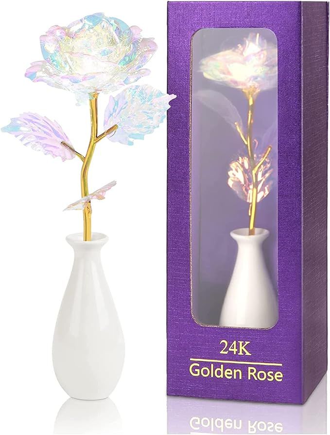 Rainbow Artificial Rose Flower Gifts for Mom with Gold Foil Stem&Ceramic Vase for Mother‘s Day ... | Amazon (US)