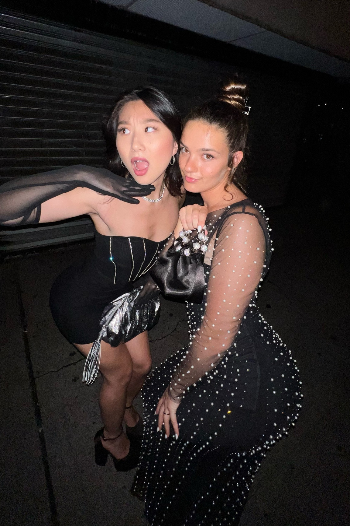 Vanessa’s Rhinestone Mini Dress: size XS
Jane’s Black Maxi Dress: size 0
Jane’s Pearl and Rhinestone Swim Cover-up: Jobee, can’t link
Jane’s Purse: Verafied, can’t link 
Platform Heels: true to size

NYFW, party dress, matching outfits, bff outfits, ootd, ootn, rhinestone, sequin dress, metallic 

#LTKitbag #LTKtravel #LTKfindsunder50