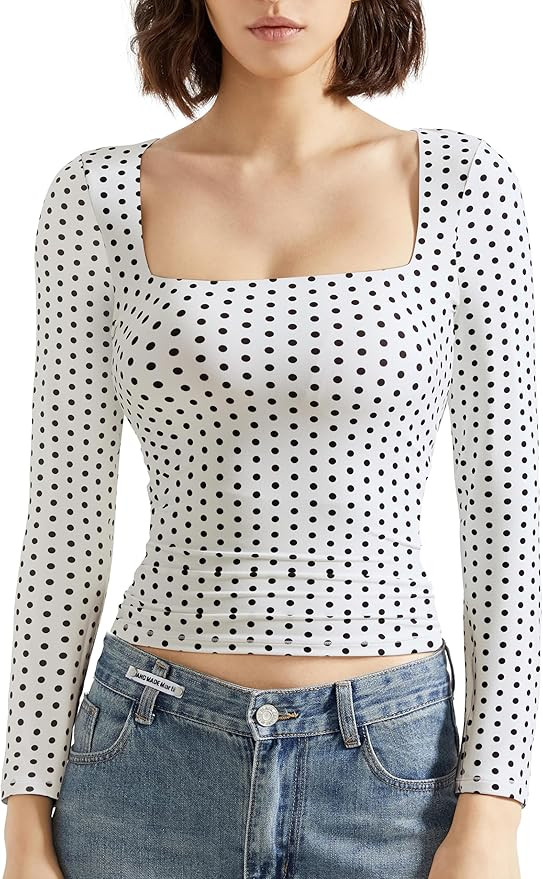 SUUKSESS Women Square Neck Long Sleeve Tops Double Lined Going Out T Shirts | Amazon (US)