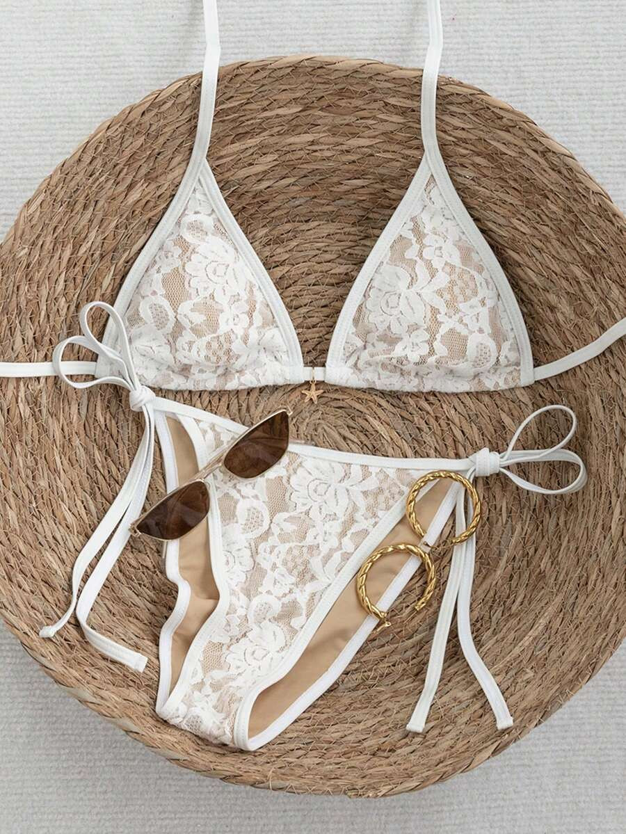 Swim Vcay 2026 Spring/Summer Colorful Lace Floral Skin-Tone Lining Spaghetti Strap Halter Back Ti... | SHEIN