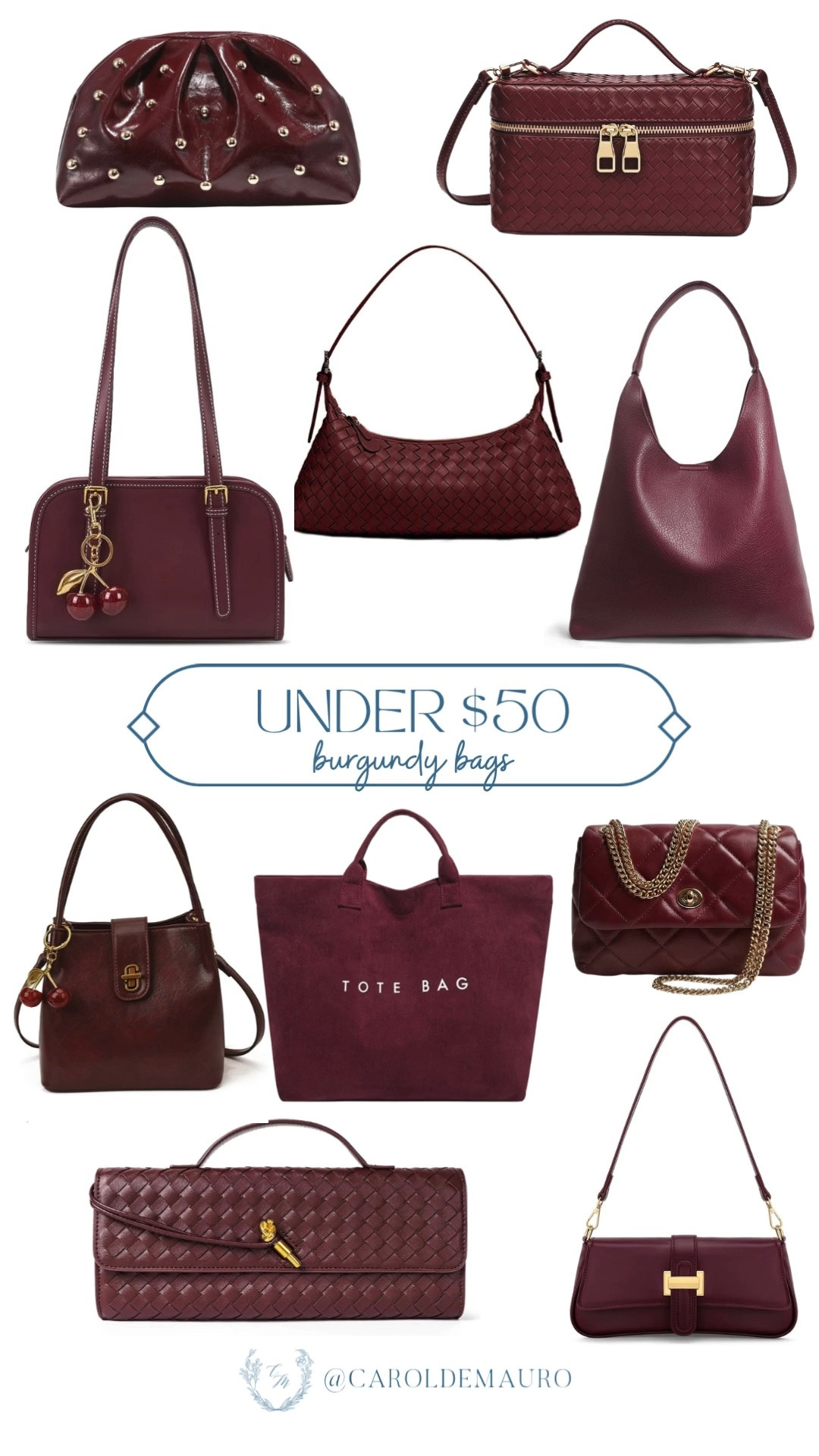Burgundy bags are having such a moment this season! From woven totes to quilted crossbodies, these are all under fifty dollars.

fall handbags, affordable purses, woven crossbody, quilted bag, tote bag, fall accessories, budget handbags

#LTKootd