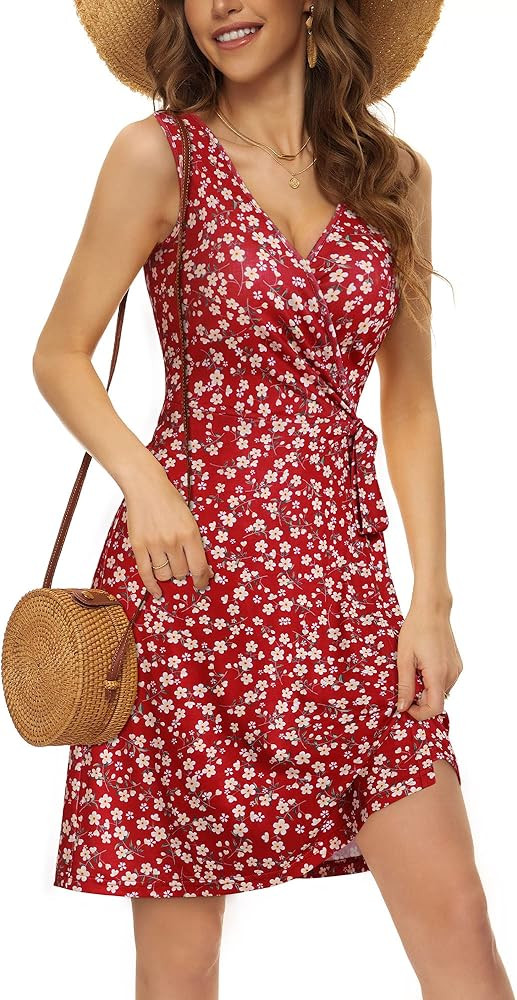 HUHOT Womens True Wrap V Neck Dress with Belt Sleeveless Casual Summer Beach Aline Midi Skater Su... | Amazon (US)