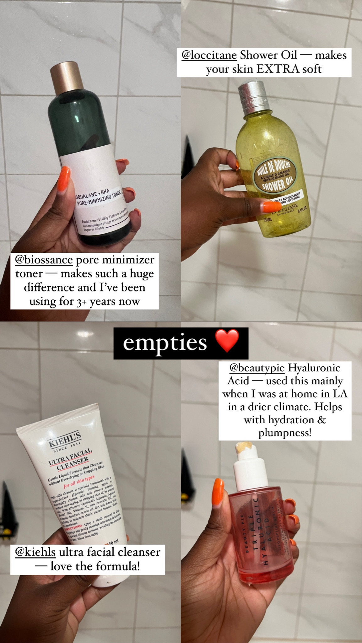 Some beauty empties I’ve been loving! Biossance toner, Loccitane Shower Oil, Kiehl’s Cleanser and Beauty Pie hyaluronic acid  

#LTKBeauty