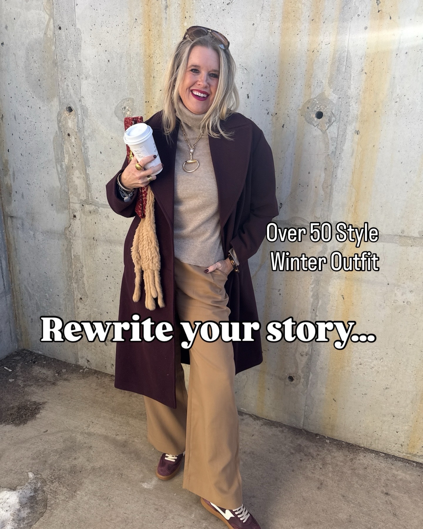 Winter outfit inspiration✔️

Color combo 
Wine and camel ✔️

Abercrombie & finch trouser fit tts 

Camel colored ribbed  turtleneck 
Tts 

Wine colored long coat double breasted  fit tts 

Rabbit fur scarf linked similar 

Dolce vita wine suede tennis shoes  on sale 

Amazon find sunglasses pack of two  under $17 Tom Ford inspired by

Handmade Horse-bit necklace 
Comes in gold or silver 

Handmade clutch by coastal clutch NY available online & on Instagram 


#LTKWorkwear #LTKdayinmylife #LTKOver40