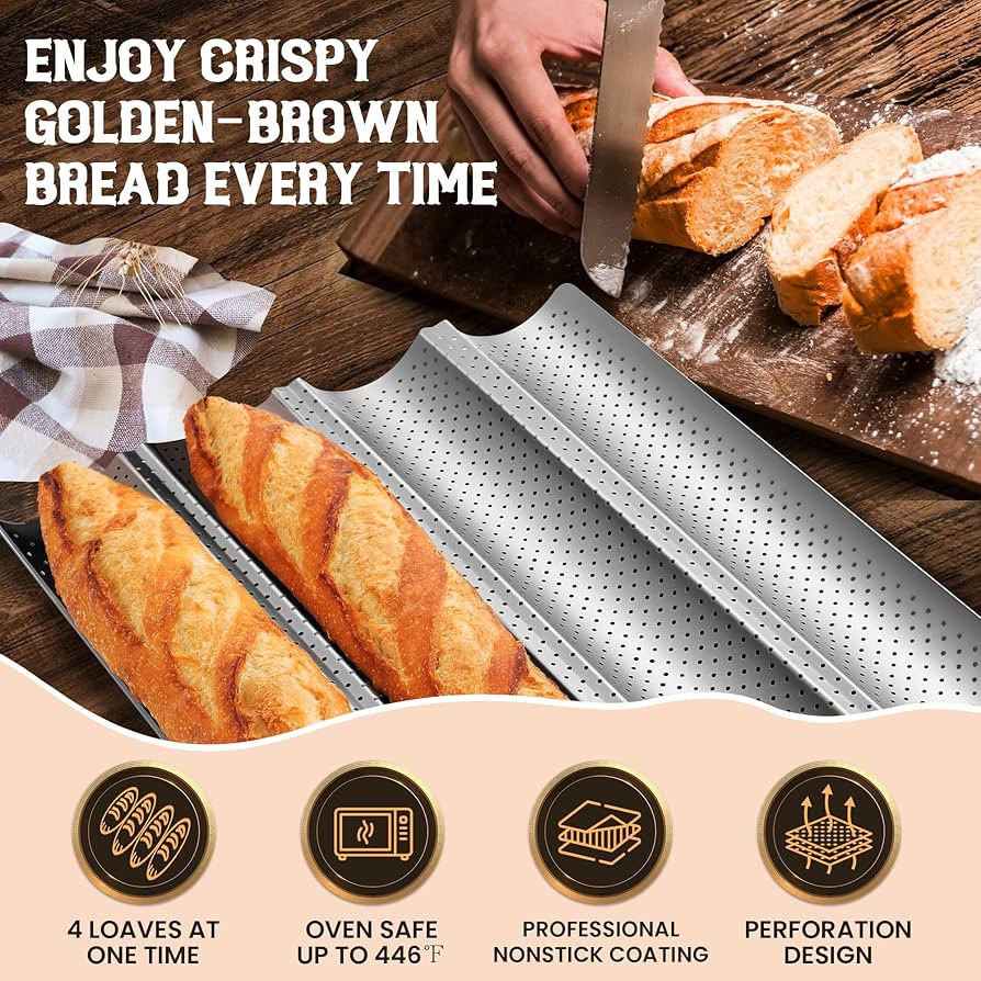 Baguette Bread Pan, Premium Nonstick Perforated Baguette Pan for French Bread Baking, 4 Loaves Ba... | Amazon (US)