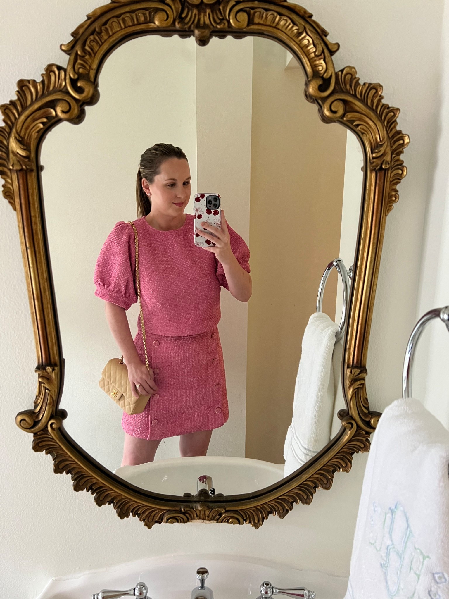 Puff sleeve tweed Barbie pink set - fits TTS