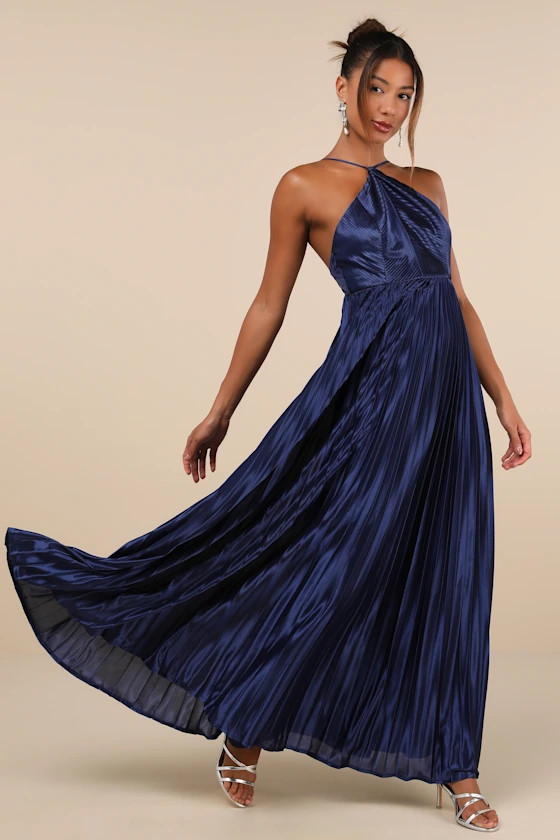 Elaborate Charm Navy Blue Satin Pleated Backless Maxi Dress | Lulus