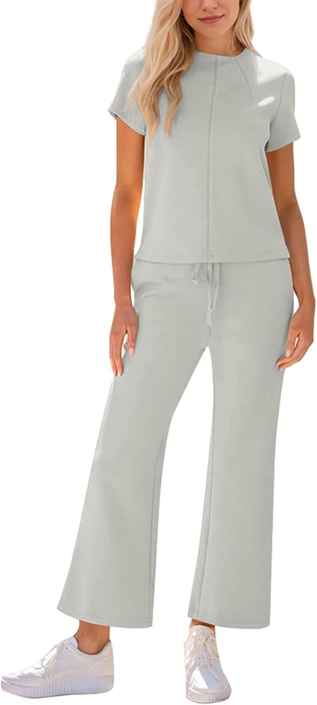 Lounge Sets for Women 2 piece Travel Outfits Sets Short Sleeve Top Wide Leg Pants Loungewear Comf... | Amazon (US)