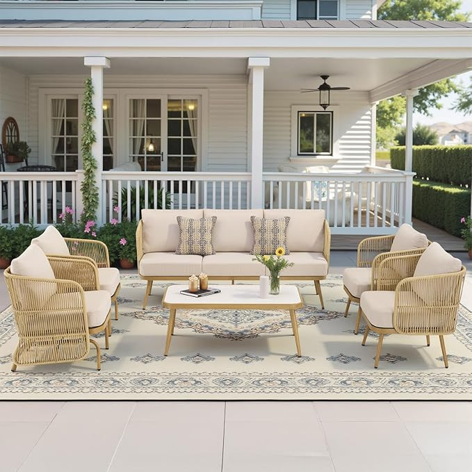 Patio Furniture Set-6 Pieces All-Weather Wicker Outdoor Furniture with Coffee Table and Rocking W... | Amazon (US)