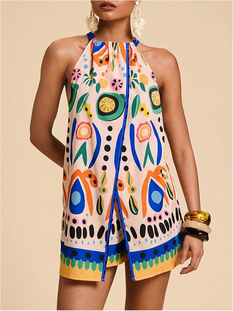 Floerns Women's Summer Romper Floral Slit Halter Neck Shorts Jumpsuit Spring Outfit | Amazon (US)