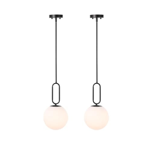 BAODEN Modern Black Globe Pendant Light Milky White Globe Glass Shade 2 Pack Adjustable Rods Hanging Ceiling Light Fixtures for Kitchen Island Living Room | Amazon (US)