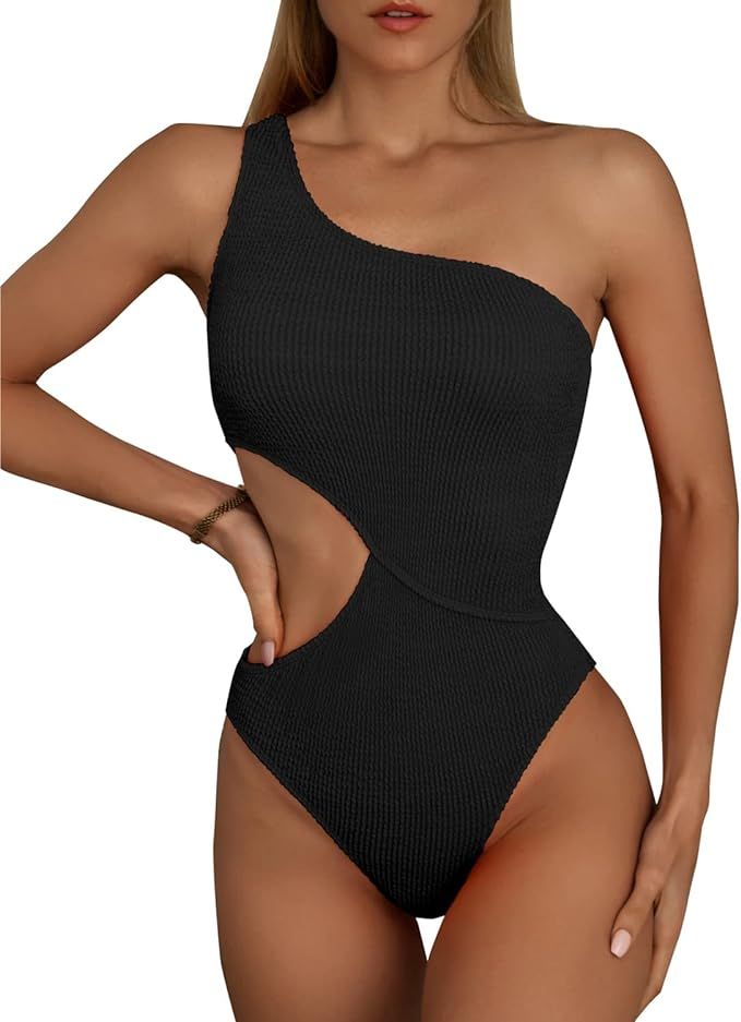 Women's Cutout One Piece Swimsuit One Shoulder Swimwear Ribbed Monokini Bathing Suits | Amazon (US)