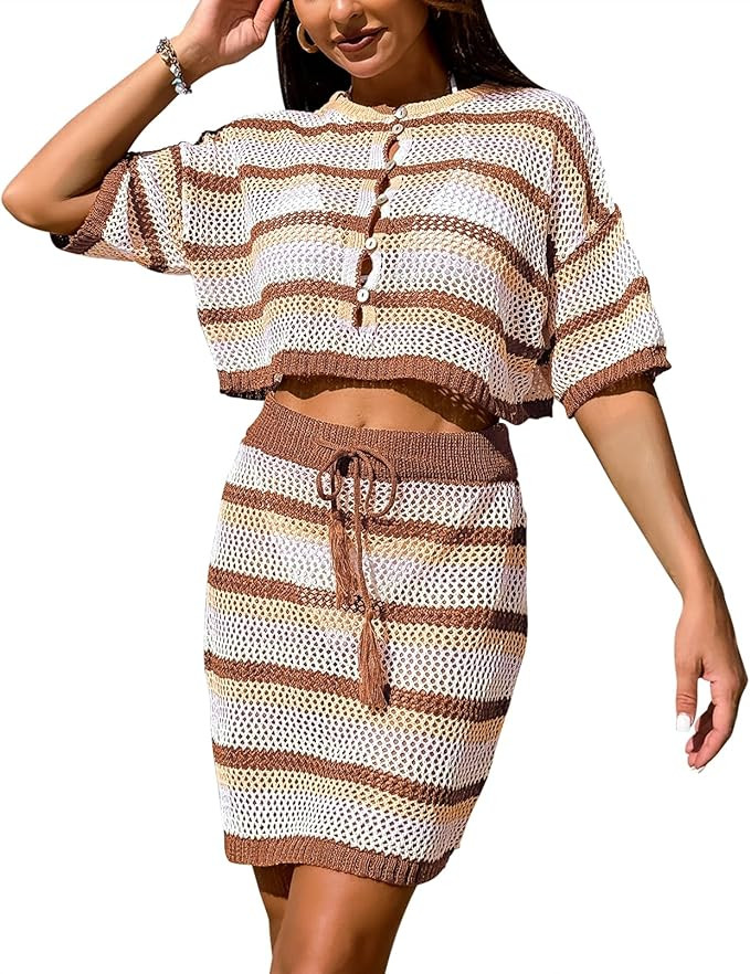 Pink Queen 2 Piece Crochet Swimsuit Cover Ups for Women Hollow Out Knitted Bathing Suit Coverup B... | Amazon (US)