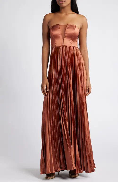 Lulus Perfected Elegance Strapless Pleated Satin Gown in Mauve Brown at Nordstrom, Size X-Large | Nordstrom