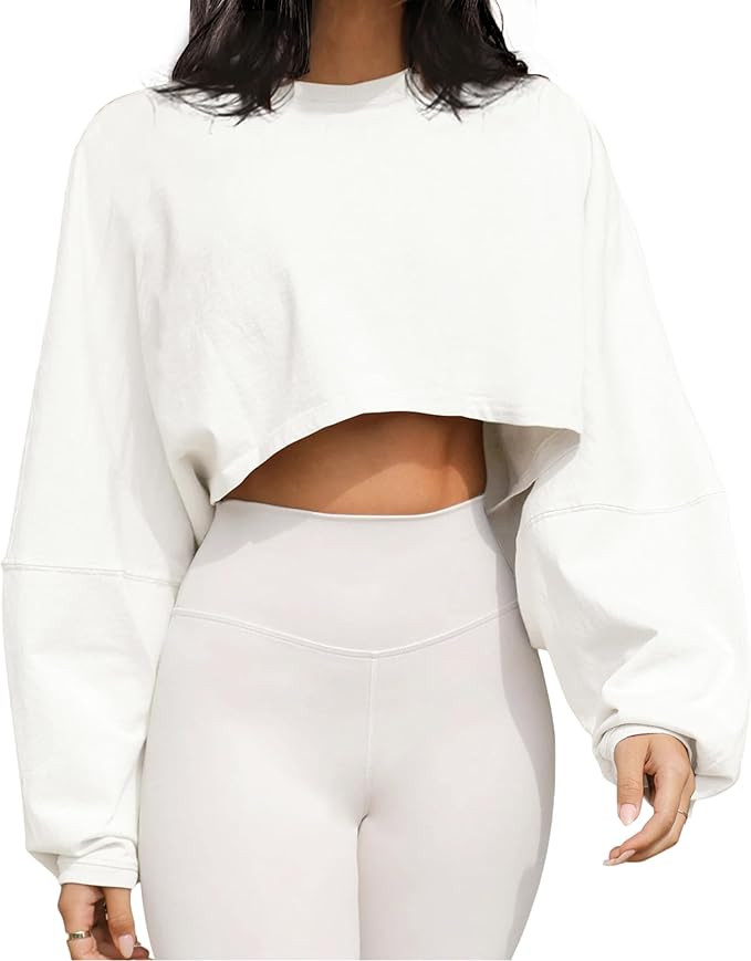 Meladyan Women Long Sleeve Crewneck Crop Top Tee Shirt Sweatshirt Casual Solid Loose Fit Workout ... | Amazon (US)