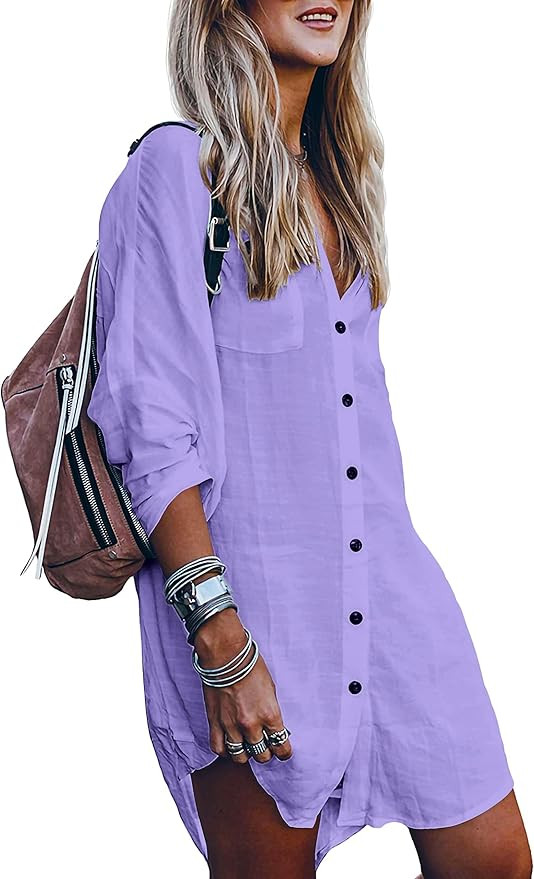 Women's Swimsuit Cover Up Summer Beachwear Button Down Shirt Bikini Bathing Suit Beach Coverup Mi... | Amazon (US)