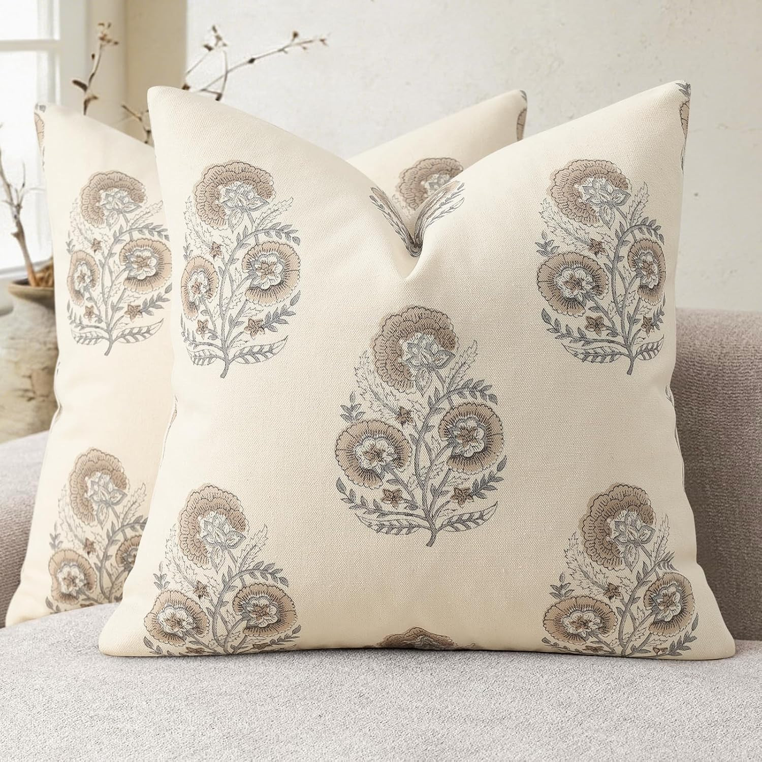 Vintage Floral Print Fall Pillow Covers 22x22 Set of 2 Patterned Accent Decorative Cushion Covers Modern Farmhouse Throw Pillow Covers for Sofa Couch Chair Bed Living Room Home Decor, Light Brown | Amazon (US)