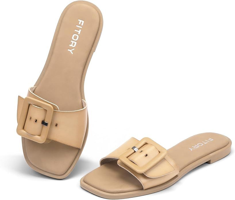 FITORY Women's Flat Sandals Fashion Square Toe Slides with Adjustable Buckles for Summer | Amazon (US)