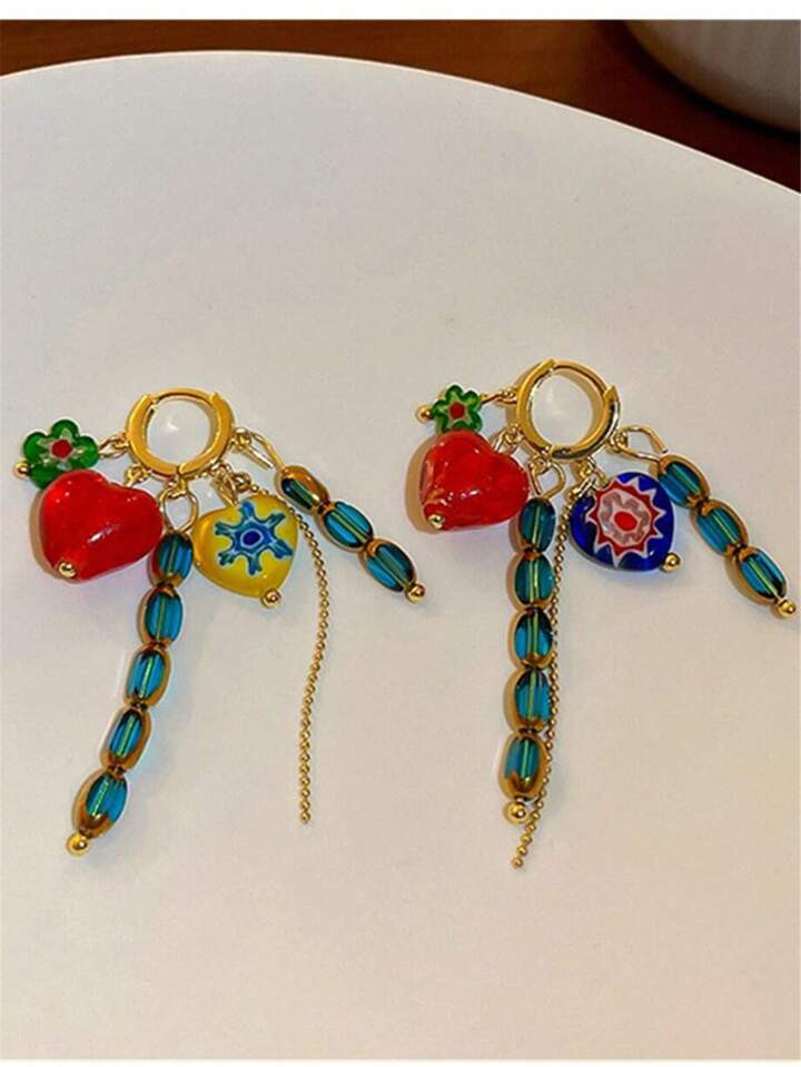Flower & Heart-Shaped Random Color Crystal Earrings, Fashionable Colorful Tassel Drop Earrings, Versatile Elegant Earplugs Valentines | SHEIN