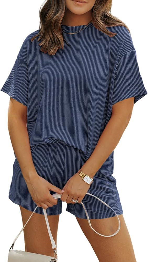 MARZXIN Women's 2 Piece Outfits Summer Tracksuit Ribbed Textured Knit Loose Lounge Shorts Set | Amazon (US)