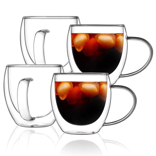CNGLASS 12oz(4-pack) Double Walled Glass Coffee Mugs,Insulated Glass Mugs with Handle,Clear Espresso Cups for Latte,Cappuccino,Tea Bag | Amazon (US)