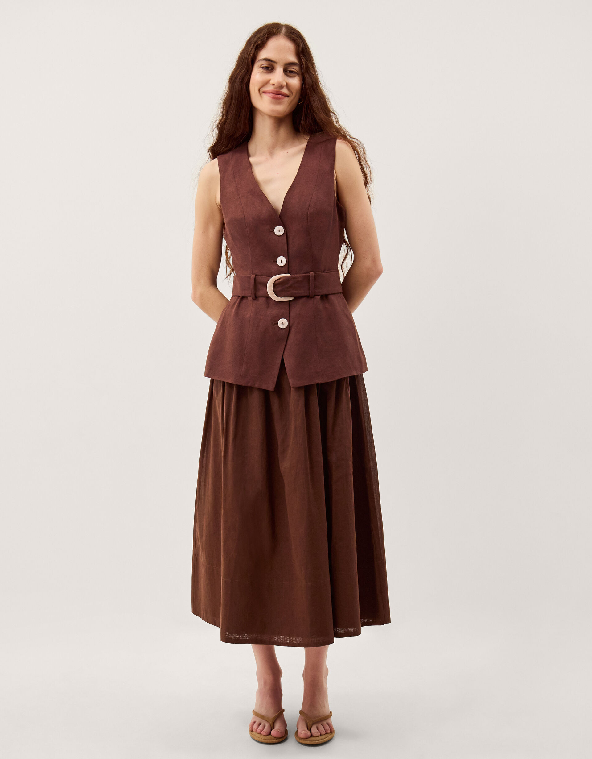 Margot Sleeveless Belted Linen Midi Dress Brown | Monsoon (UK)