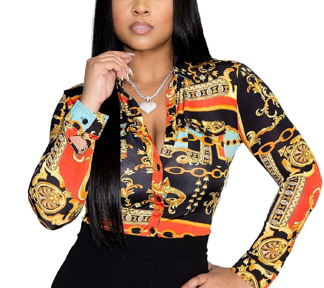 Blouses for Women Dressy Casual Colorful Long Sleeve Shirt Floral Print Tops Loose Collar Sexy T-... | Amazon (US)