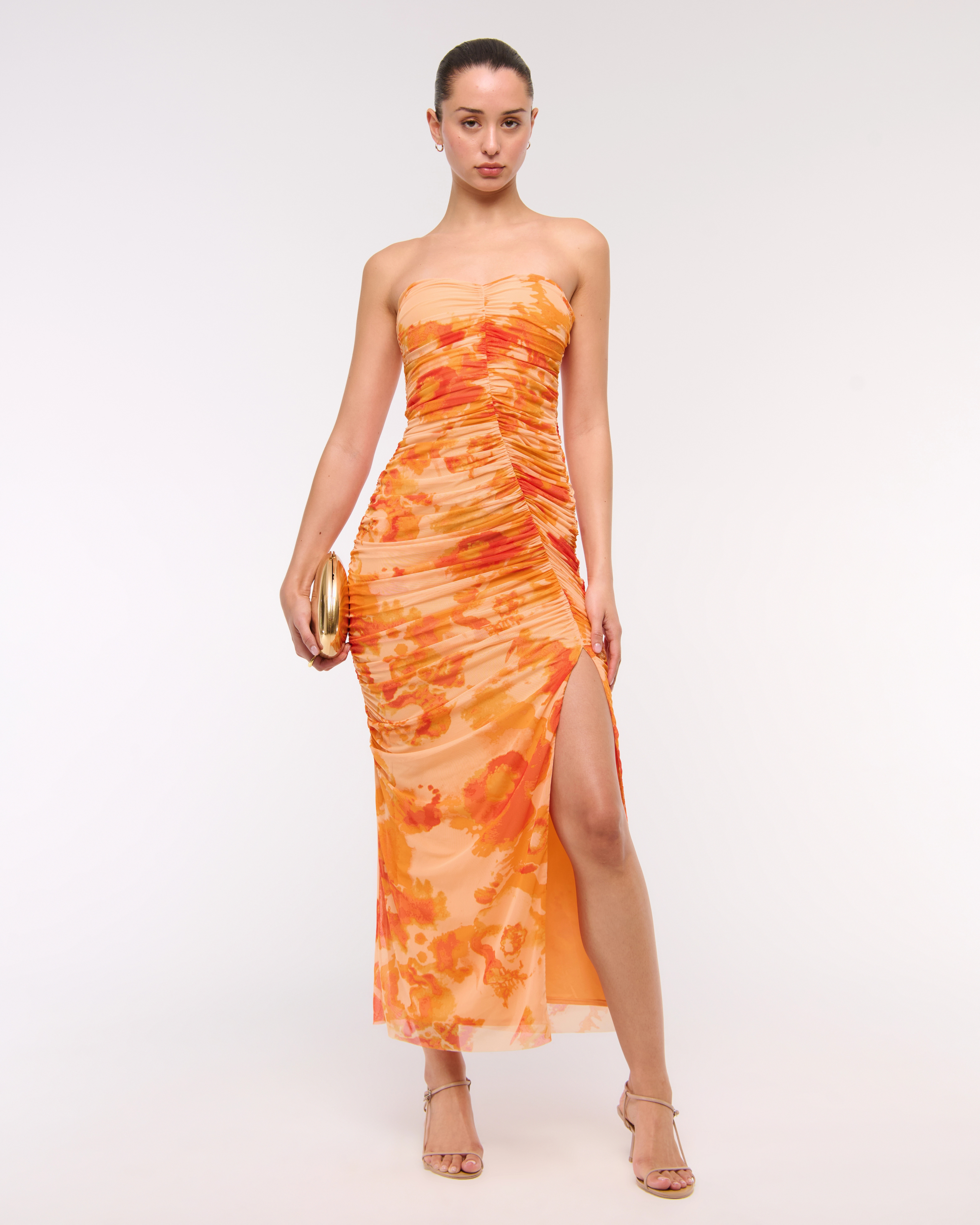 Mesh Strapless Ruched Maxi Dress | Abercrombie & Fitch (US)