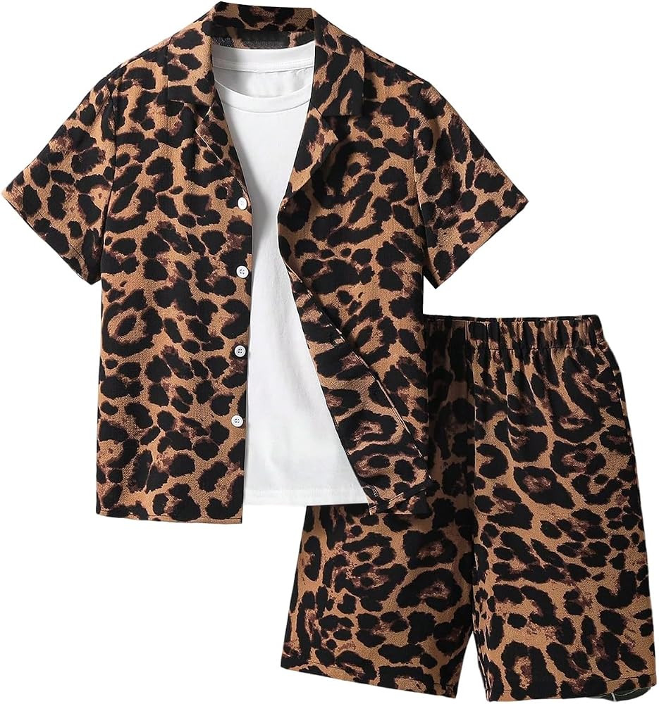 Boy's 2 Piece Leopard Print Outfits Short Sleeve Button Down Shirts and Cheetah Shorts Resort Wea... | Amazon (US)