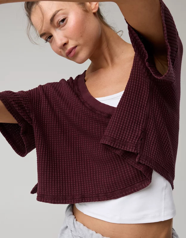 OFFLINE By Aerie Wow! Waffle V Neck Cropped Relaxed Short Sleeve T-Shirt | Aerie