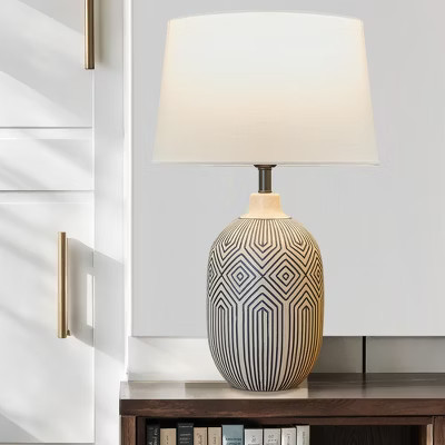 POWLIG 22" Modern Ceramic Table Lamp with Linen Shade - Black & White, LED Lighting for Bedroom or Living Room | Target