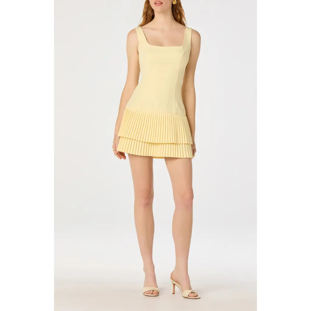ASTR the Label Jadah Tiered Pleated Minidress in Yellow at Nordstrom, Size Medium | Nordstrom