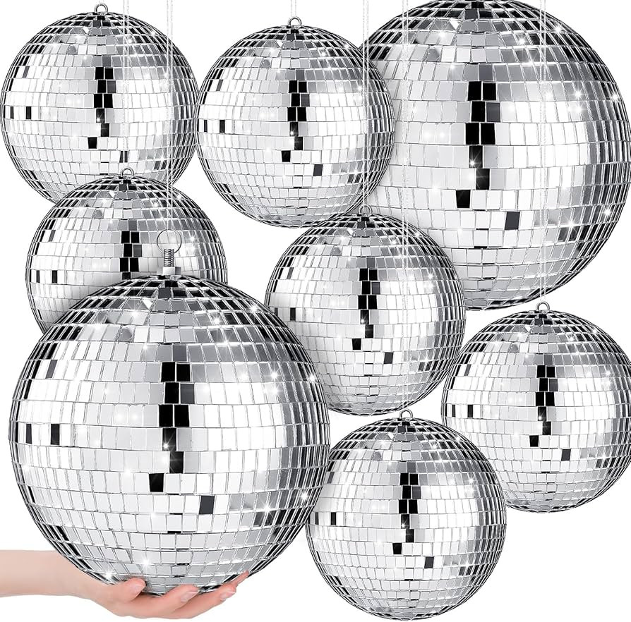 Haull 8 Pcs Large Disco Ball Set Silver Mirror Disco Balls Reflective Ball with Hanging Ring Part... | Amazon (US)