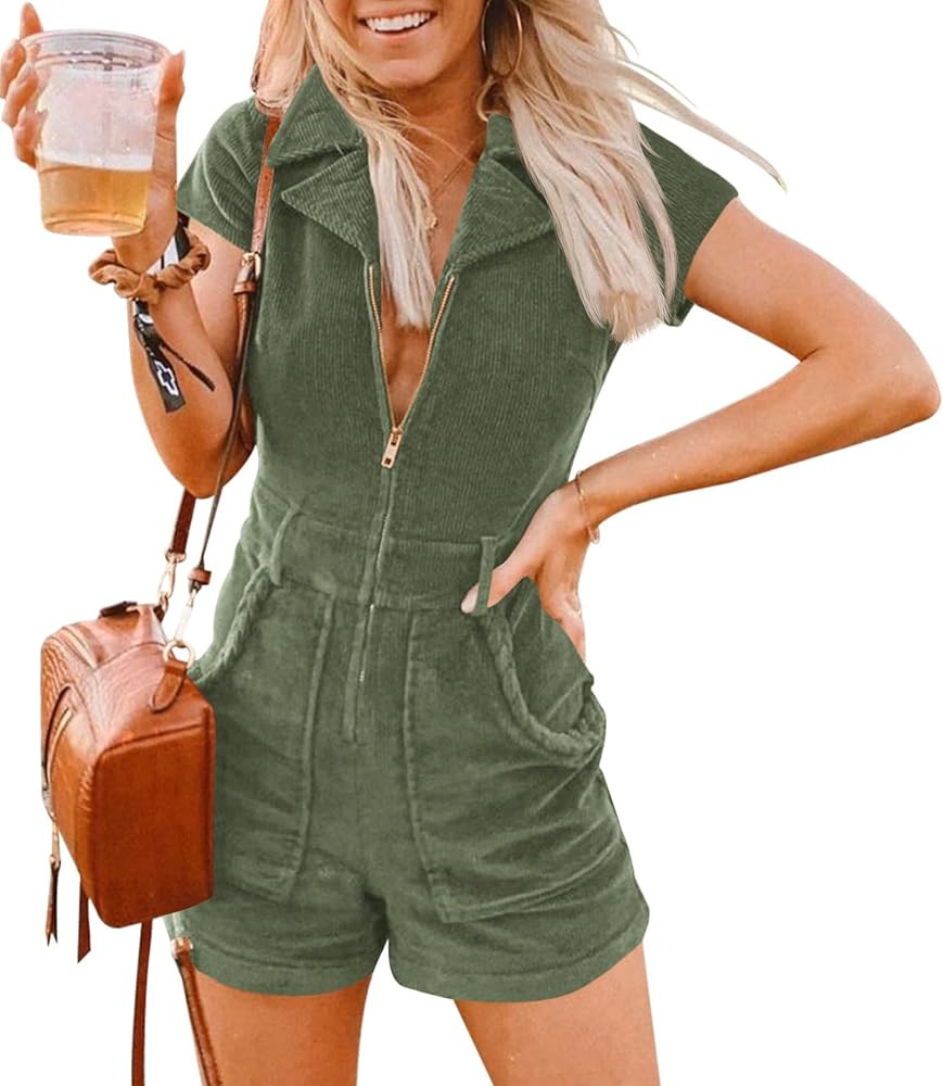Jeanewpole1 Women's Summer Corduroy Rompers Short Sleeve Zip Up Cute Short Jumpsuits with Pockets | Amazon (US)