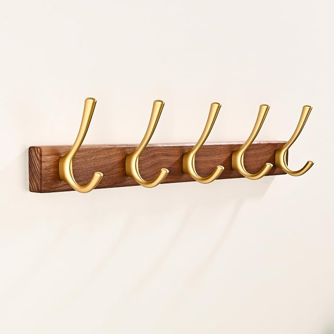 17.3" Small Walnut Wood Coat Rack Wall Mount with 5 Hooks, Heavy Duty Wooden Jacket Hanger Door M... | Amazon (US)