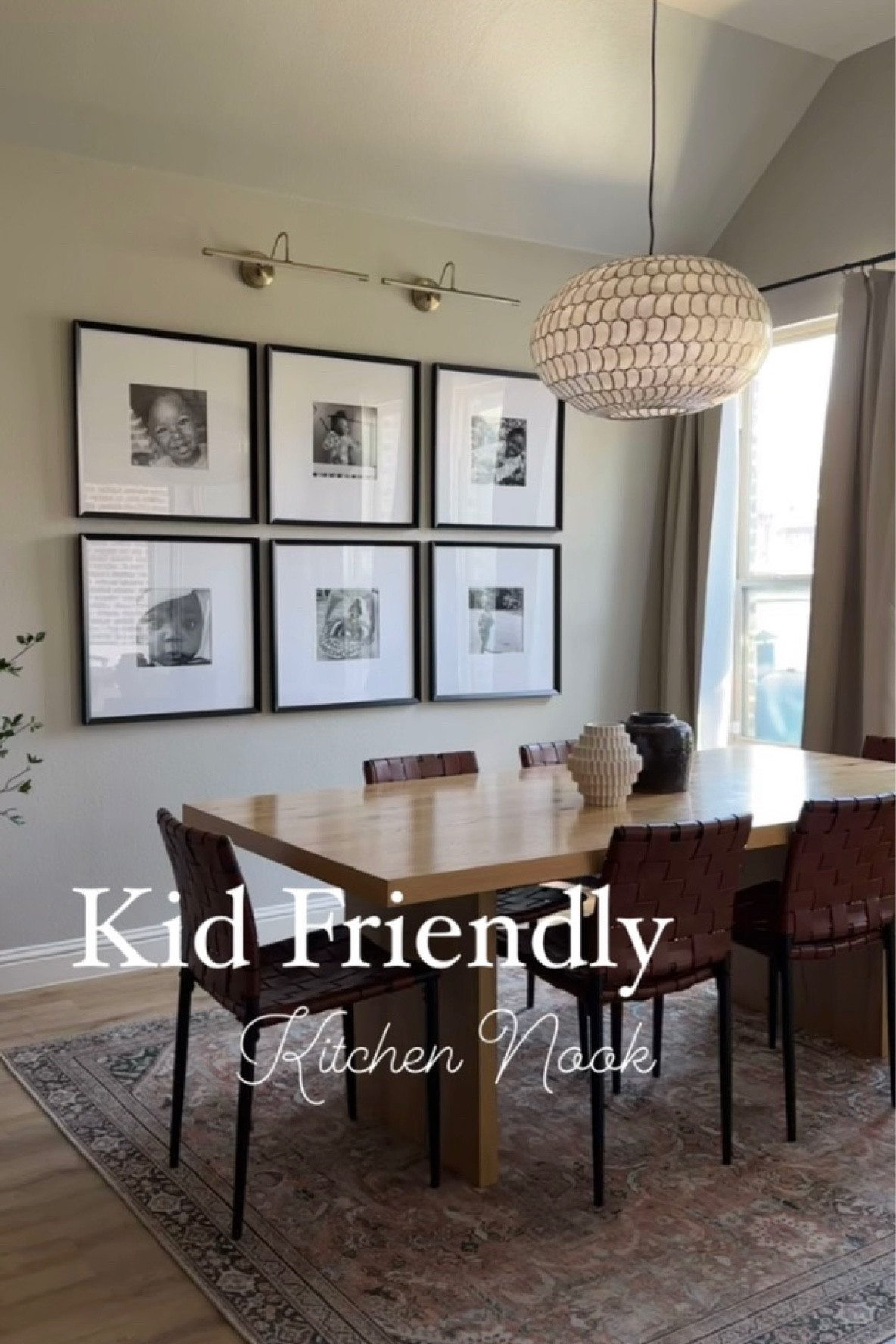 Kid friendly kitchen nook! Dining table, leather chairs, capize chandelier, art light, gallery wall, vintage style rug.


#LTKSale #LTKfamily #LTKhome