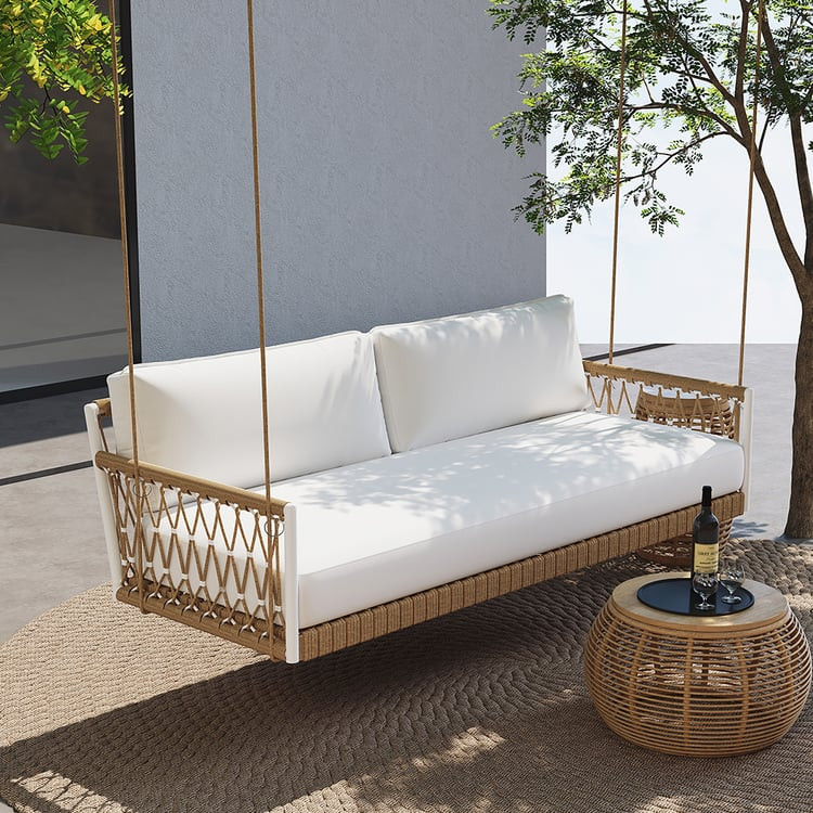 Ropipe Boho 2-Seater Khaki Woven Rope Outdoor Patio Swing Sofa with White Cushion | Homary | Homary