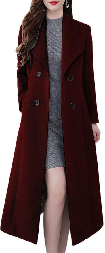 ebossy Women's Shawl Collar Double Breasted Below Knee Slim Wool Trench Long Coat | Amazon (US)